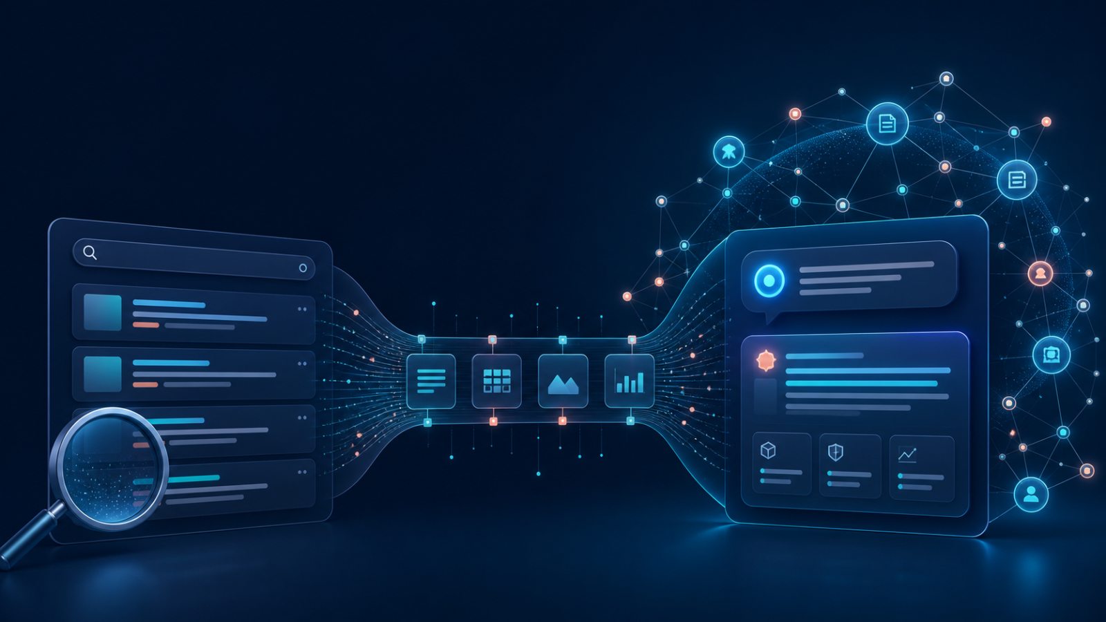 Ilustración que conecta resultados de búsqueda SEO con respuestas generadas por inteligencia artificial